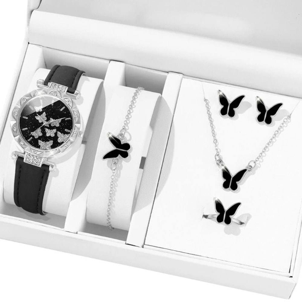 Butterfly Jewelry Set Fashion Womens Quartz Watch Leather Band Necklace Earrings Bracelet And Adjus 11
