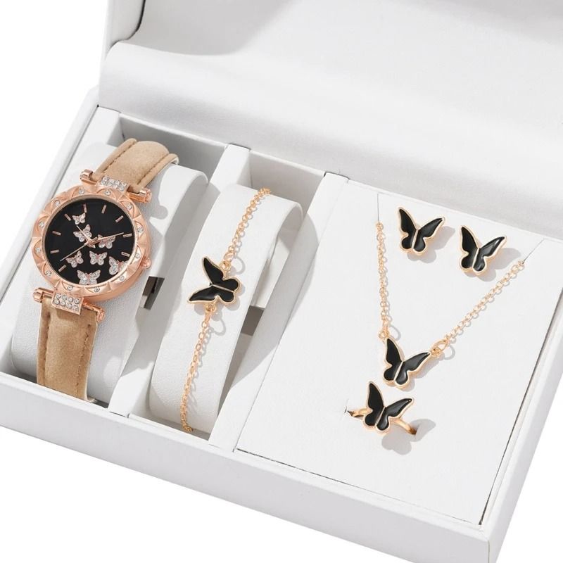 Butterfly Jewelry Set Fashion Womens Quartz Watch Leather Band Necklace Earrings Bracelet And Adjus 12