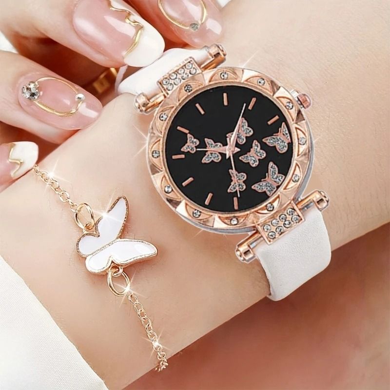 Butterfly Jewelry Set Fashion Womens Quartz Watch Leather Band Necklace Earrings Bracelet And Adjus 1