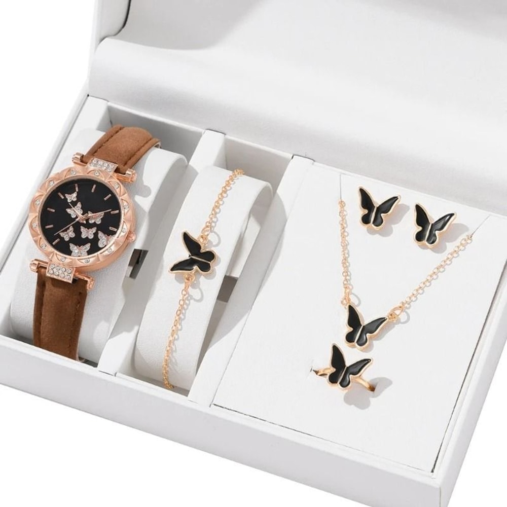 Butterfly Jewelry Set Fashion Womens Quartz Watch Leather Band Necklace Earrings Bracelet And Adjus 5