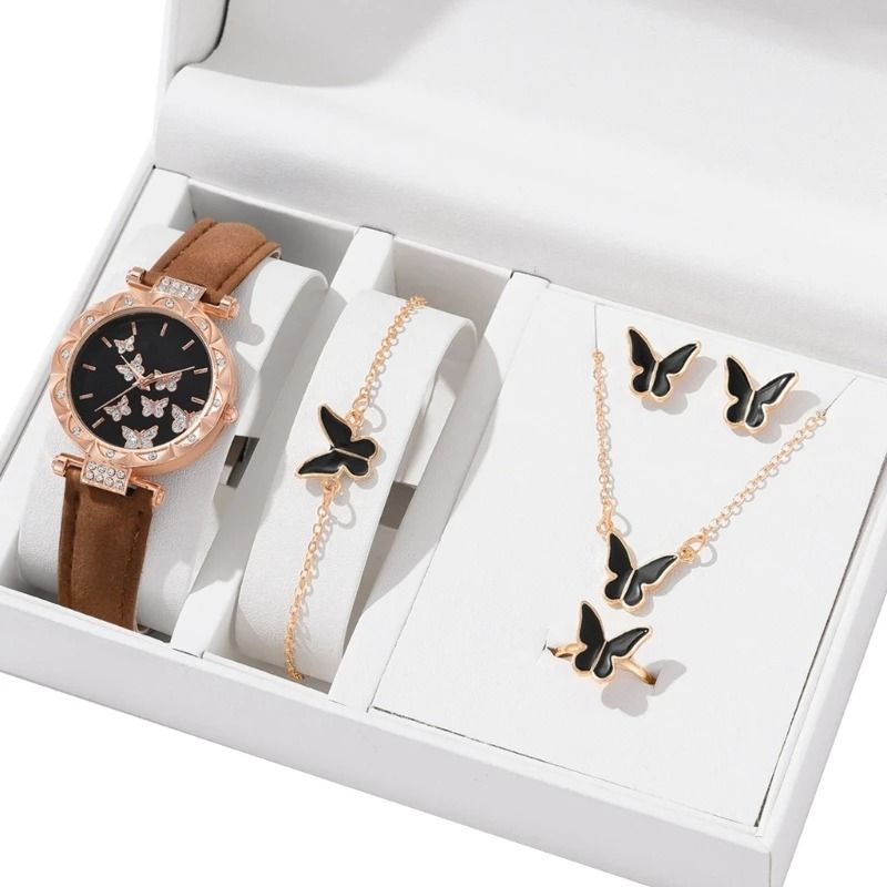 Butterfly Jewelry Set Fashion Womens Quartz Watch Leather Band Necklace Earrings Bracelet And Adjus 5
