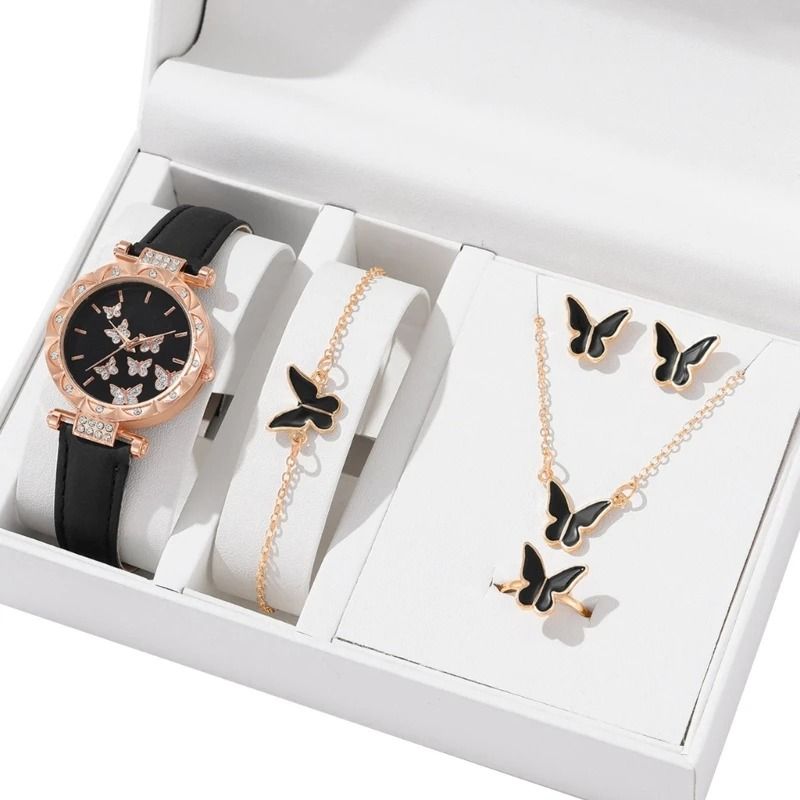 Butterfly Jewelry Set Fashion Womens Quartz Watch Leather Band Necklace Earrings Bracelet And Adjus 8