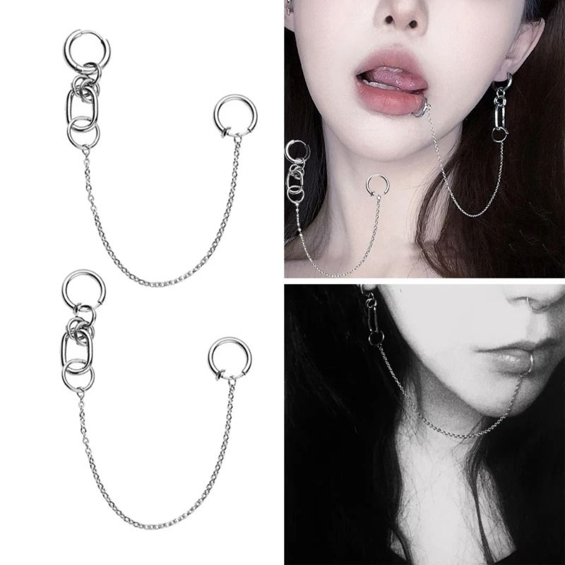 Metal Clip On Chain Earrings And Lip Ring 0
