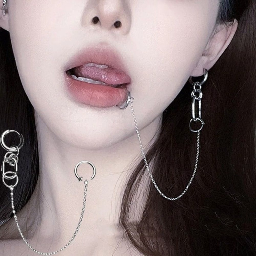 Metal Clip On Chain Earrings And Lip Ring 1