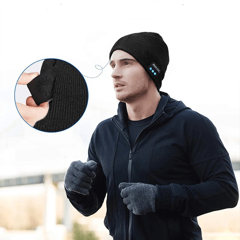 man wearing Bluetooth music beanie