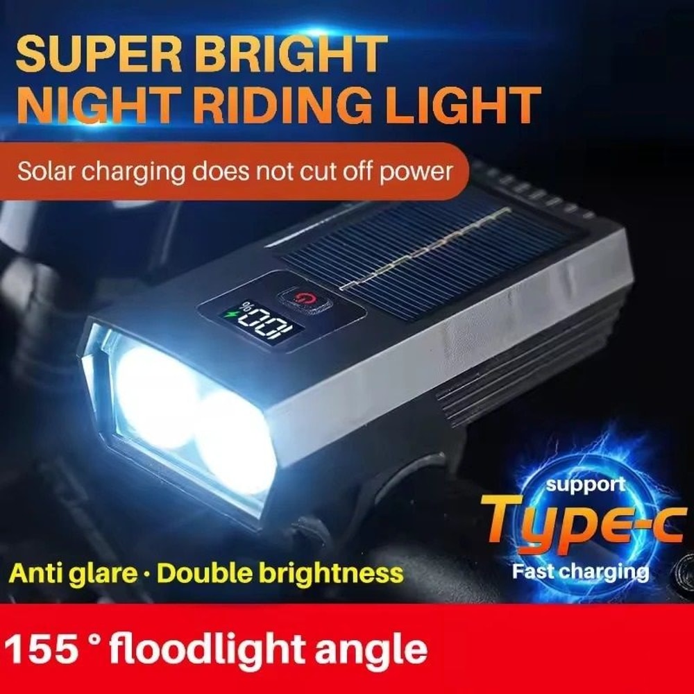 Multi Function Bicycle Headlight With Solar Charging And Digital Display 0