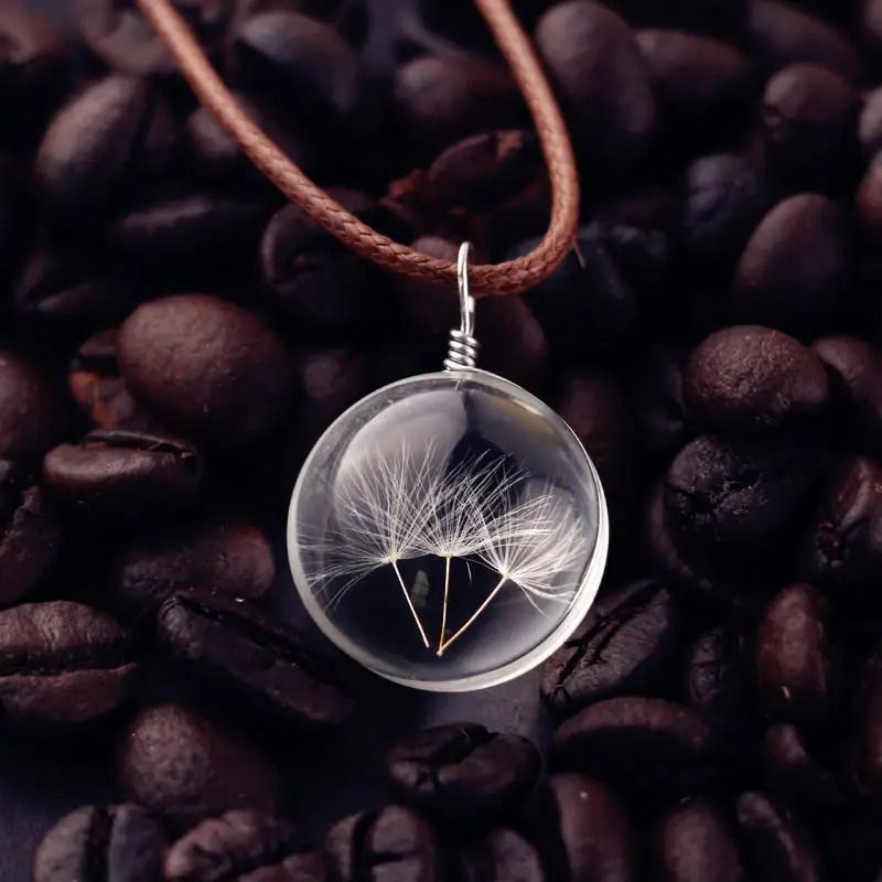 Round Dandelion Pendant Necklace With Transparent Glass Charm 0