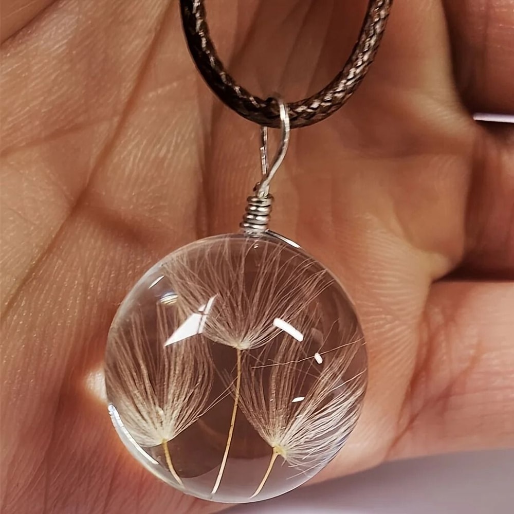 Round Dandelion Pendant Necklace With Transparent Glass Charm 1