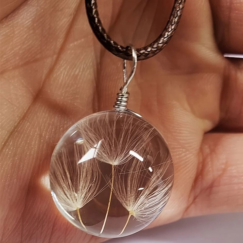 Round Dandelion Pendant Necklace With Transparent Glass Charm 1