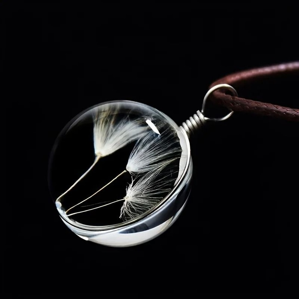Round Dandelion Pendant Necklace With Transparent Glass Charm 4