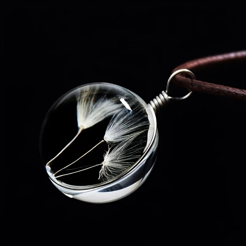 Round Dandelion Pendant Necklace With Transparent Glass Charm 4