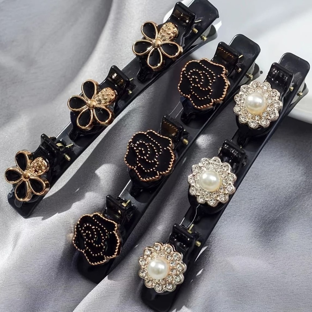 Double Layer Braided Hairclip With Rhinestone And Faux Pearl Accent 0