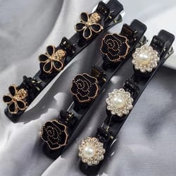 double layer braided hairclip with rhinestone and faux pearl accent