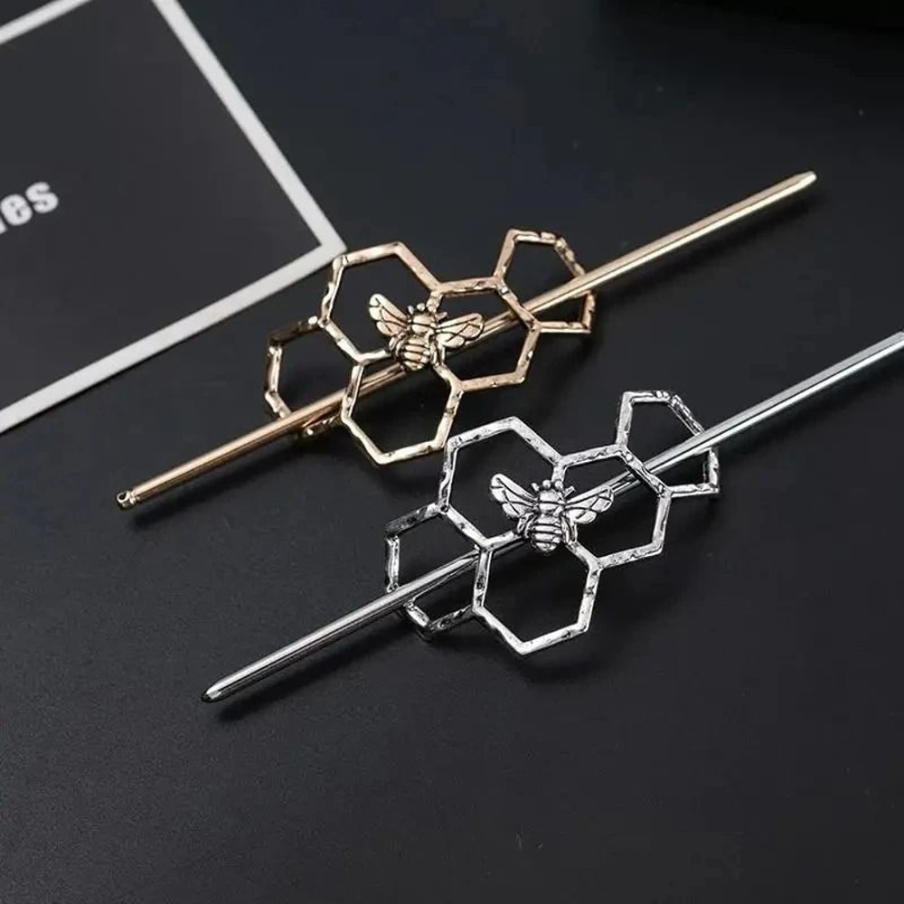Vintage Geometric Bee Hair Pins Hollow Metal Hair Sticks For Chignon And Buns 0