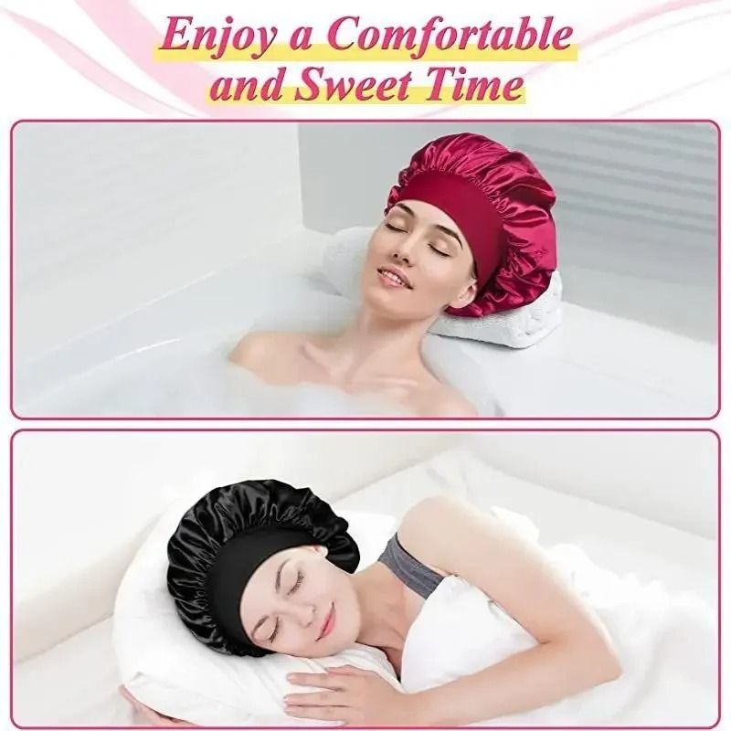 Wide Brim Silk Nightcap Hair Wrap For Women Soft Elastic Sleep Cap 2