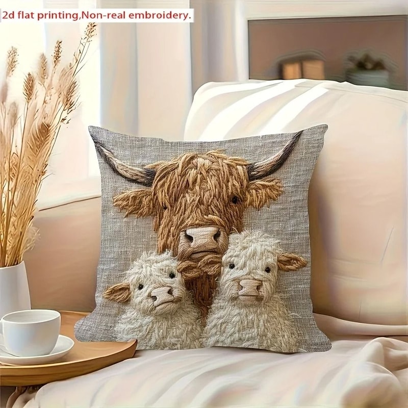Highland Cow Retro Decorative Pillowcase For Living Room And Office 1