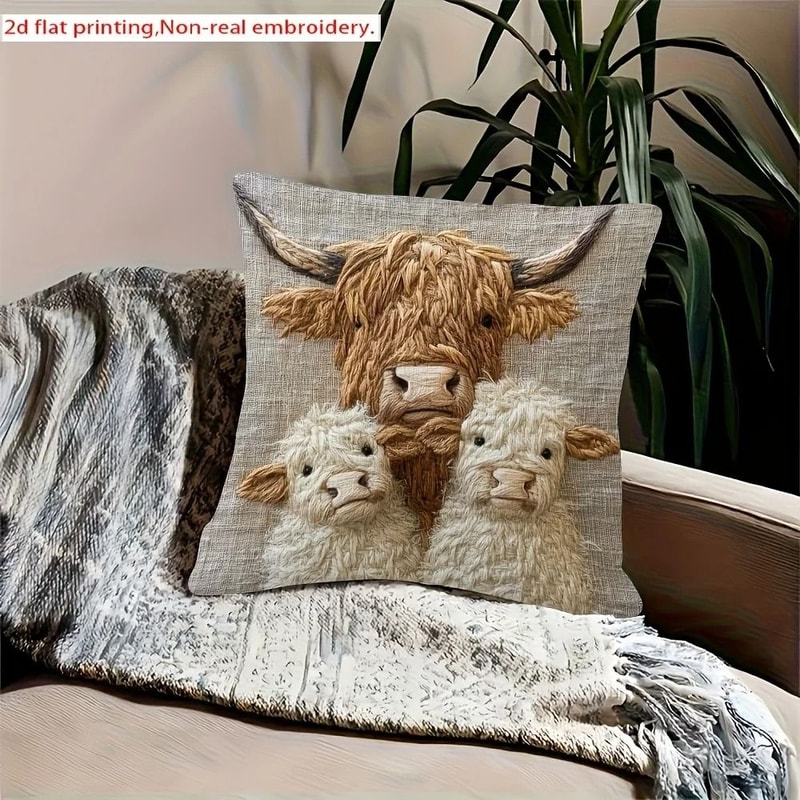 Highland Cow Retro Decorative Pillowcase For Living Room And Office 3