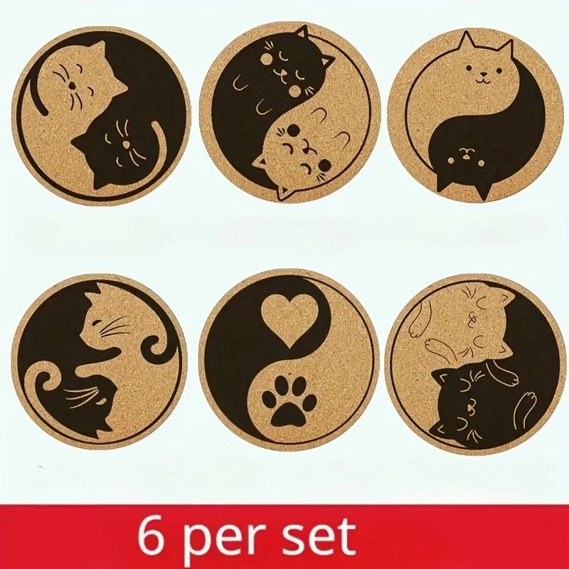 Wooden Cat Pattern Coaster Set Six Piece Insulation Mats For Cups 2