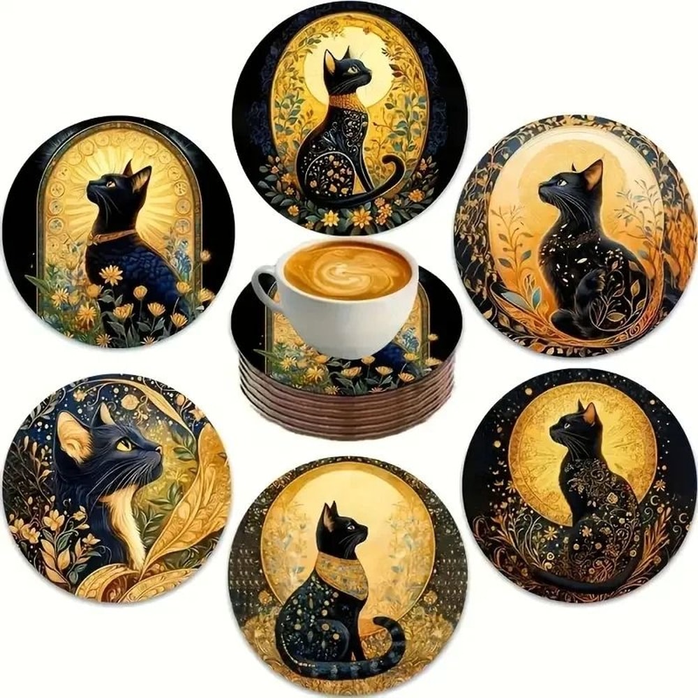 Wooden Cat Pattern Coaster Set Six Piece Insulation Mats For Cups 4