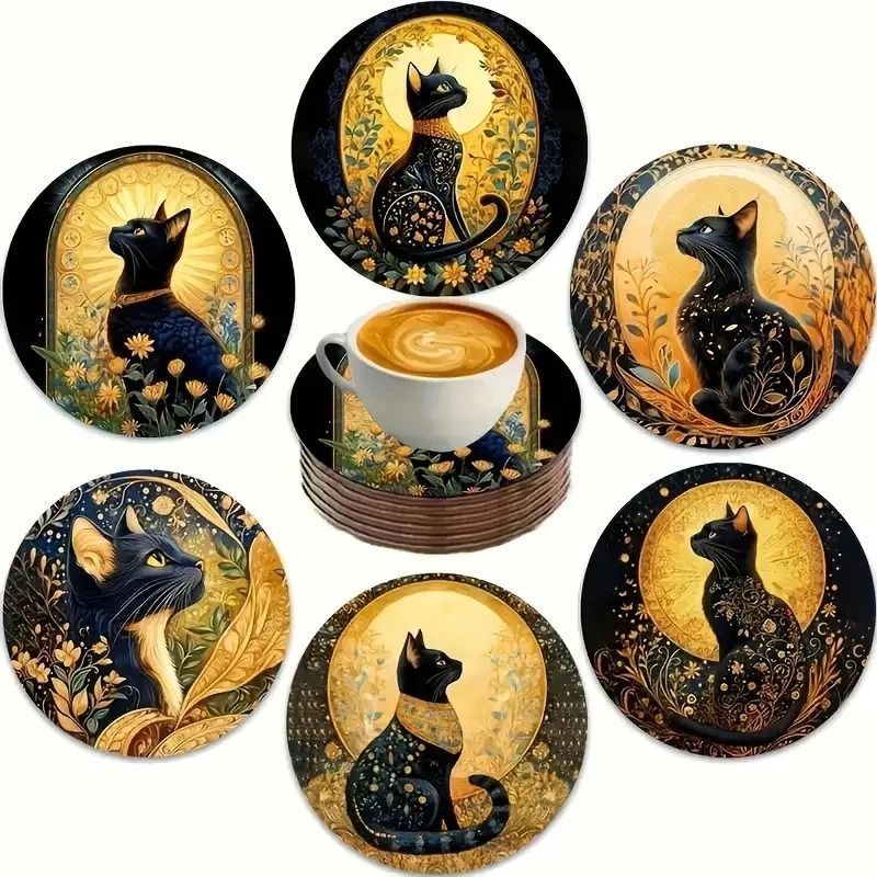 Wooden Cat Pattern Coaster Set Six Piece Insulation Mats For Cups 4