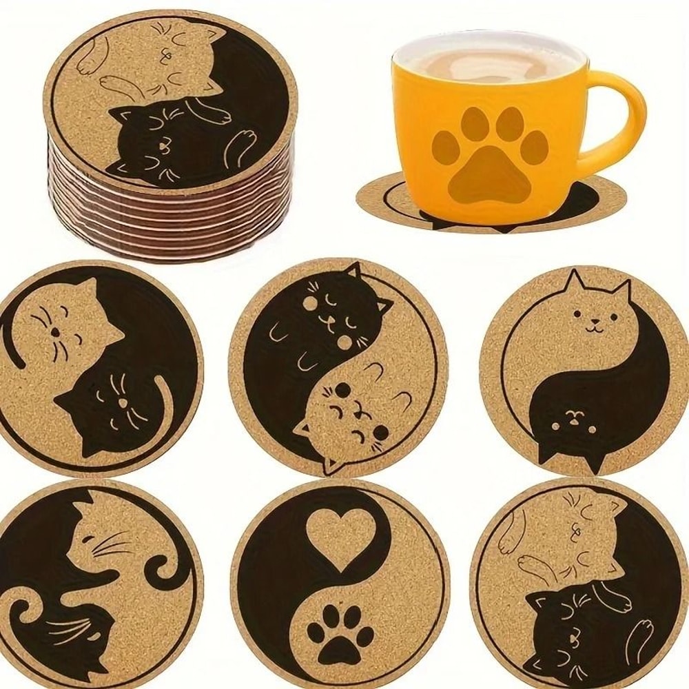 Wooden Cat Pattern Coaster Set Six Piece Insulation Mats For Cups 7