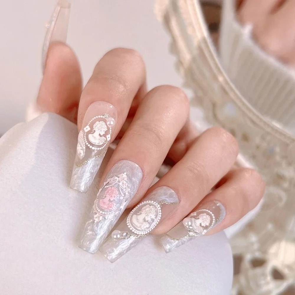 Baroque Pearl Nail Stickers With Iridescent Shell And Lace Pattern 2