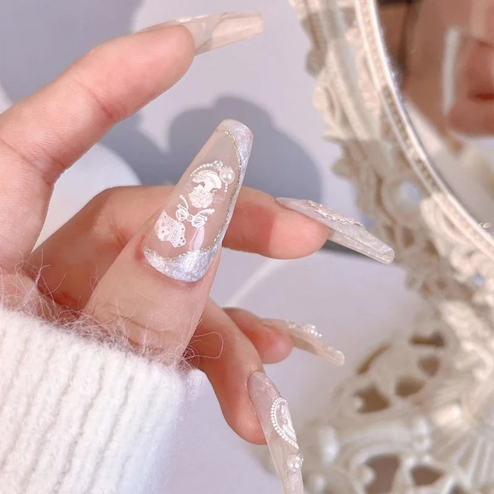 Baroque Pearl Nail Stickers With Iridescent Shell And Lace Pattern 3