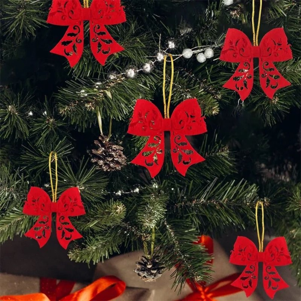Red Christmas Tree Bow Ornaments Set For Holiday Decoration 0