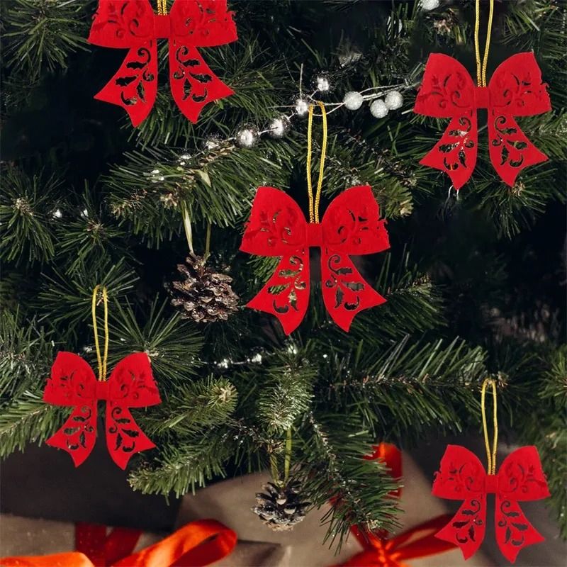 Red Christmas Tree Bow Ornaments Set For Holiday Decoration 0