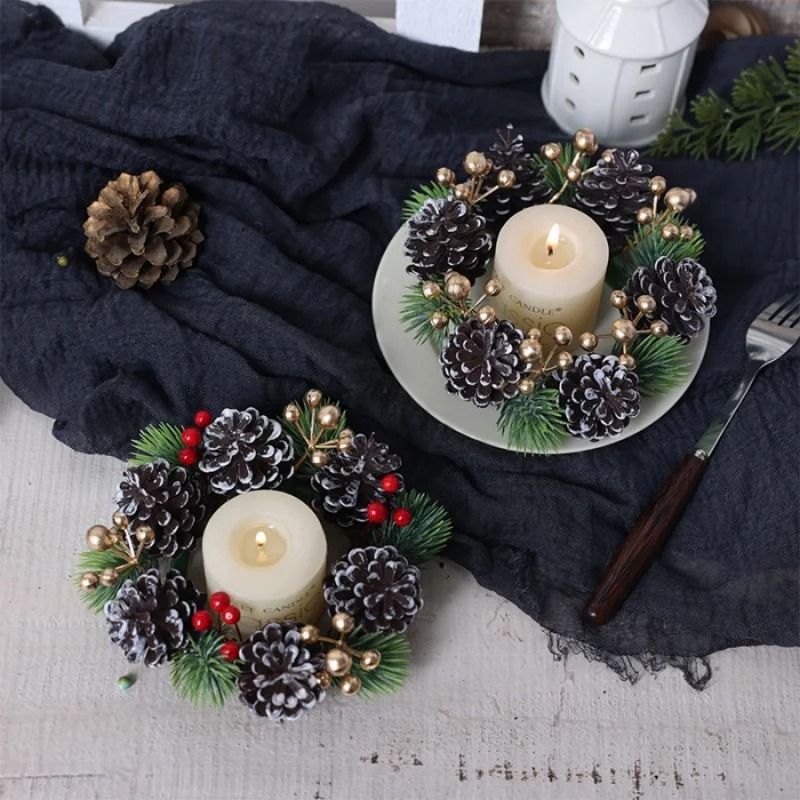 Christmas Candle Holder Wreath With Pine Cones And Berries Decoration 1