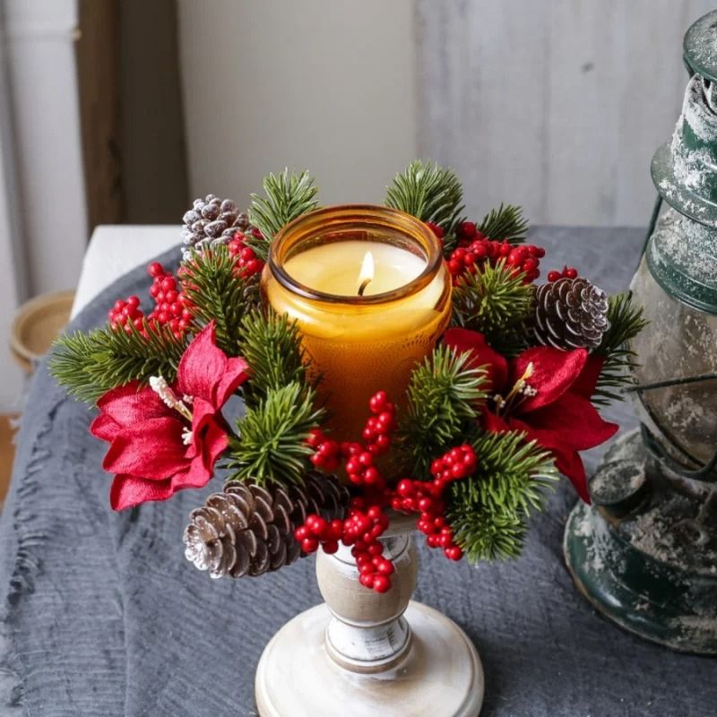 Christmas Candle Holder Wreath With Pine Cones And Berries Decoration 4