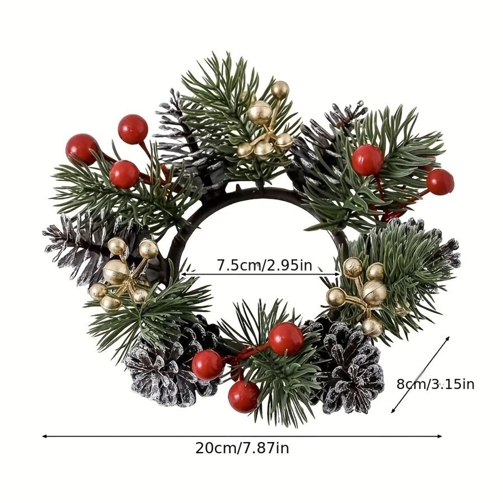 Christmas Candle Holder Wreath With Pine Cones And Berries Decoration 6