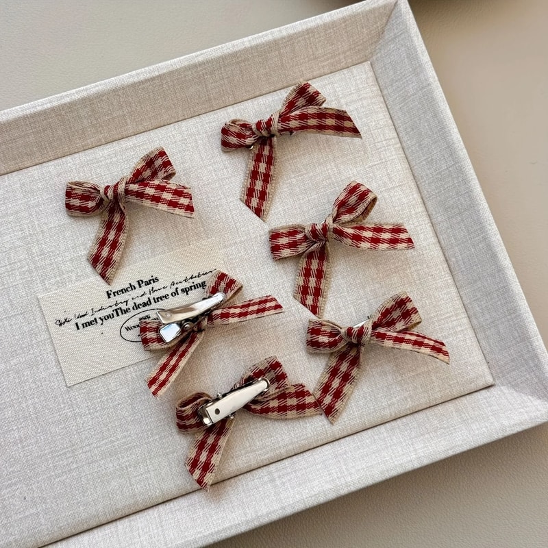 Wine Red Plaid Hair Clips Set For Women And Girls 0