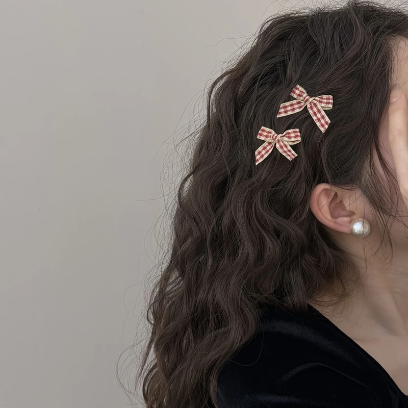 Wine Red Plaid Hair Clips Set For Women And Girls 3