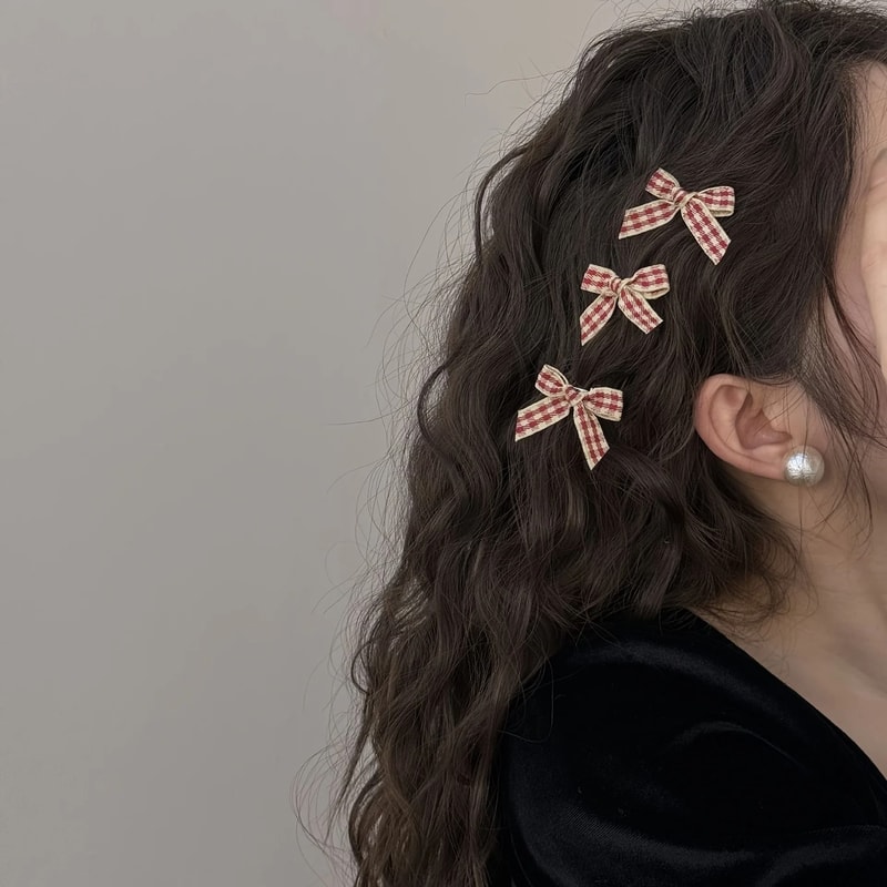 Wine Red Plaid Hair Clips Set For Women And Girls 4