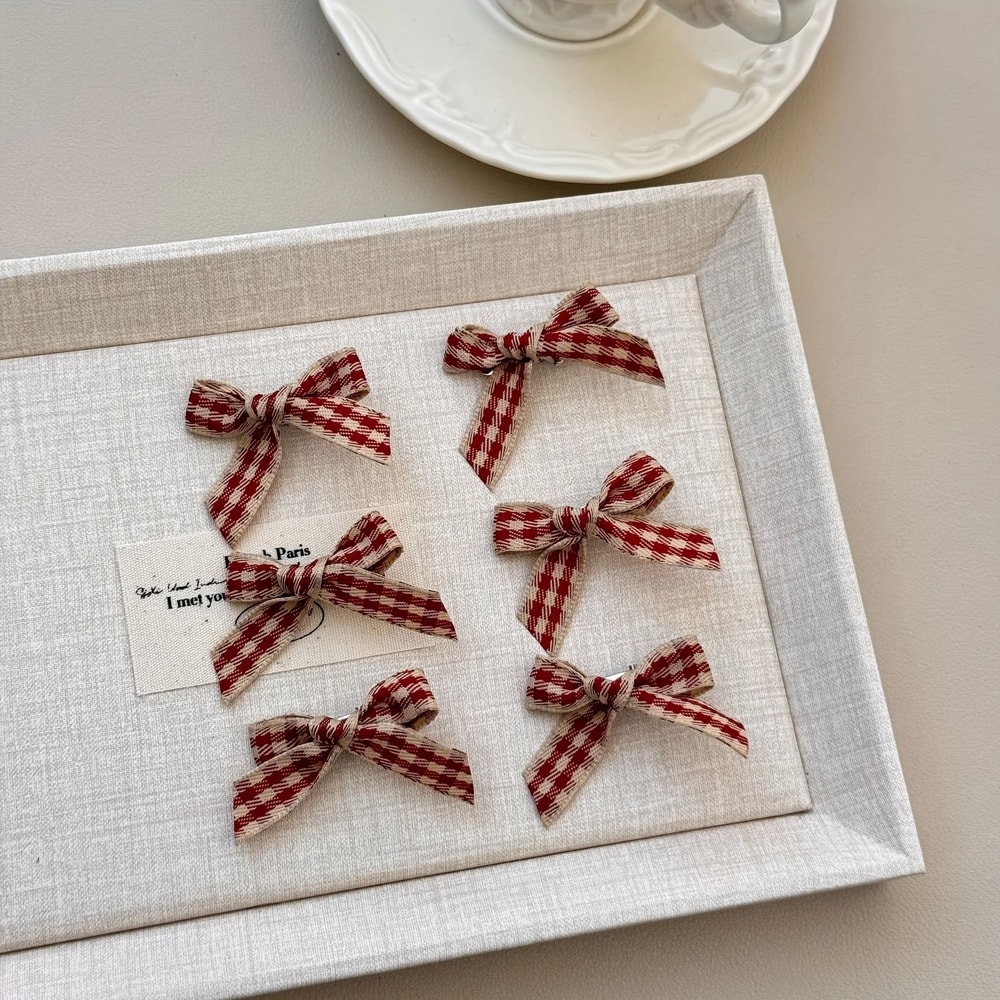 Wine Red Plaid Hair Clips Set For Women And Girls 6