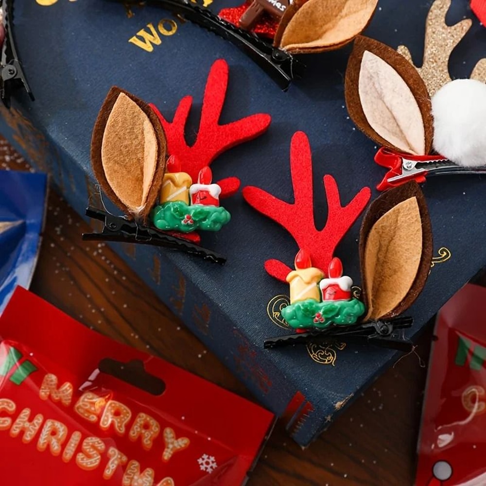 Christmas Deer Antler Hair Clips Set With Santa Hat And Reindeer Style 0