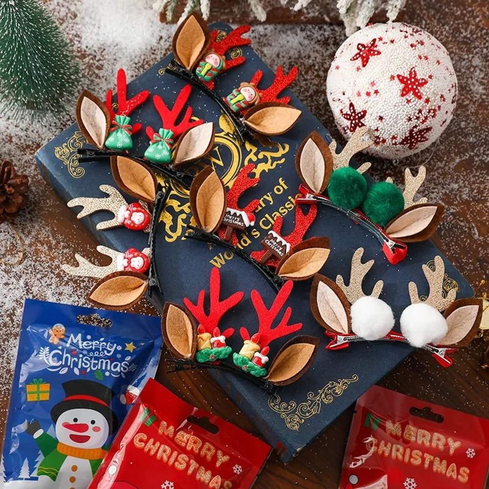 Christmas Deer Antler Hair Clips Set With Santa Hat And Reindeer Style 1