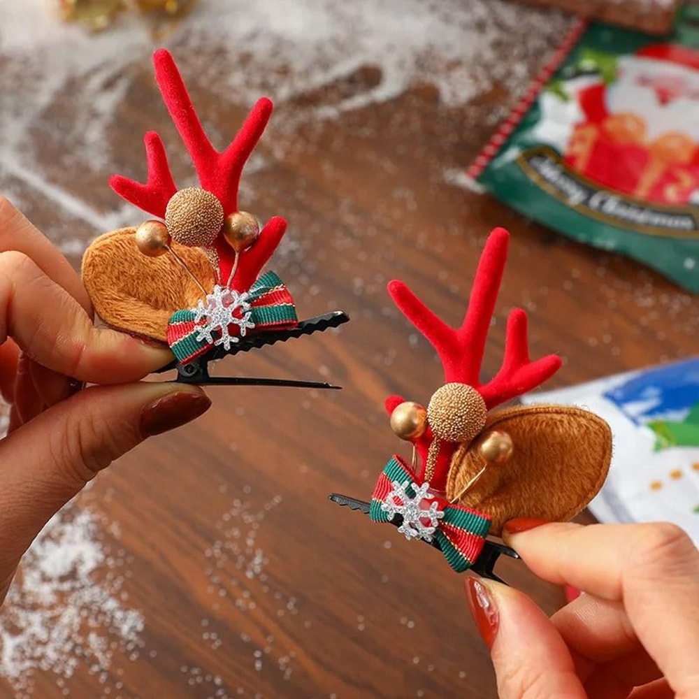 Christmas Deer Antler Hair Clips Set With Santa Hat And Reindeer Style 3