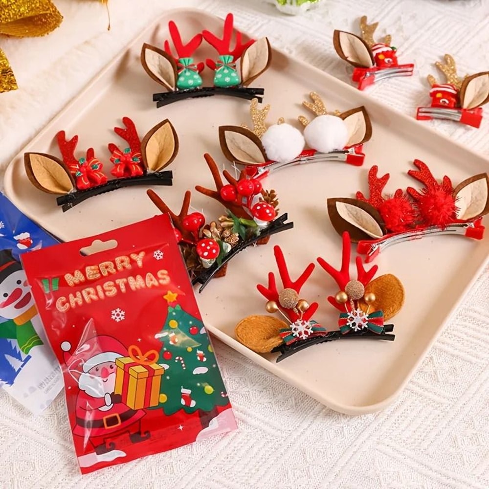 Christmas Deer Antler Hair Clips Set With Santa Hat And Reindeer Style 5