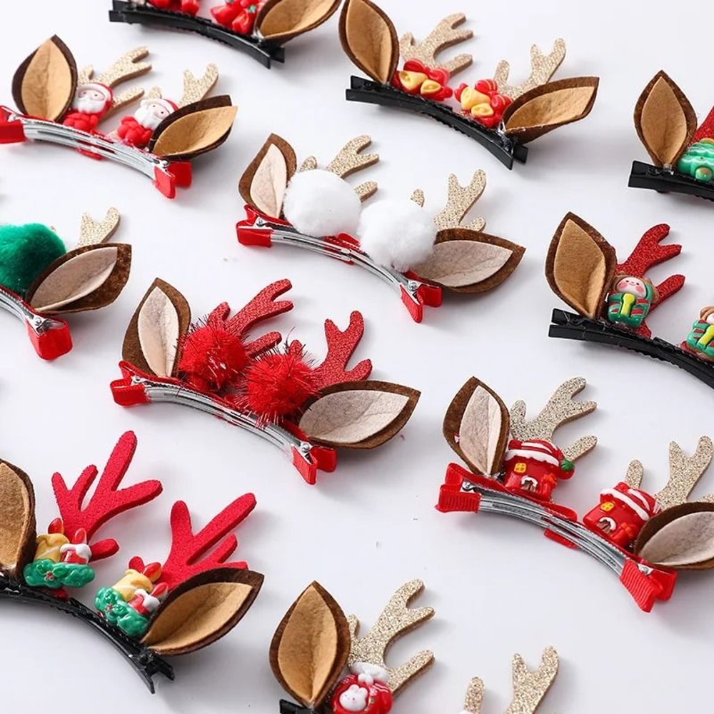 Christmas Deer Antler Hair Clips Set With Santa Hat And Reindeer Style 6
