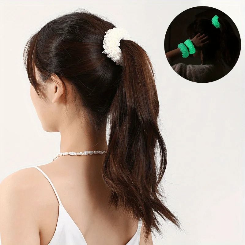 Glow In The Dark Neon Green Hair Scrunchies Set For Parties And Casual Wear 3