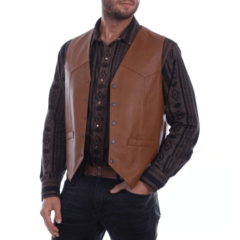 Mens leather vest with snap closure