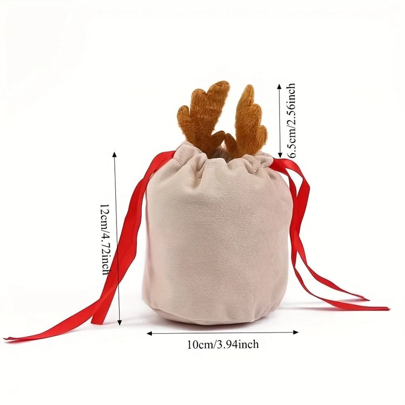Deer Antler Design Drawstring Gift Bags With Festive Ribbon Bow 0
