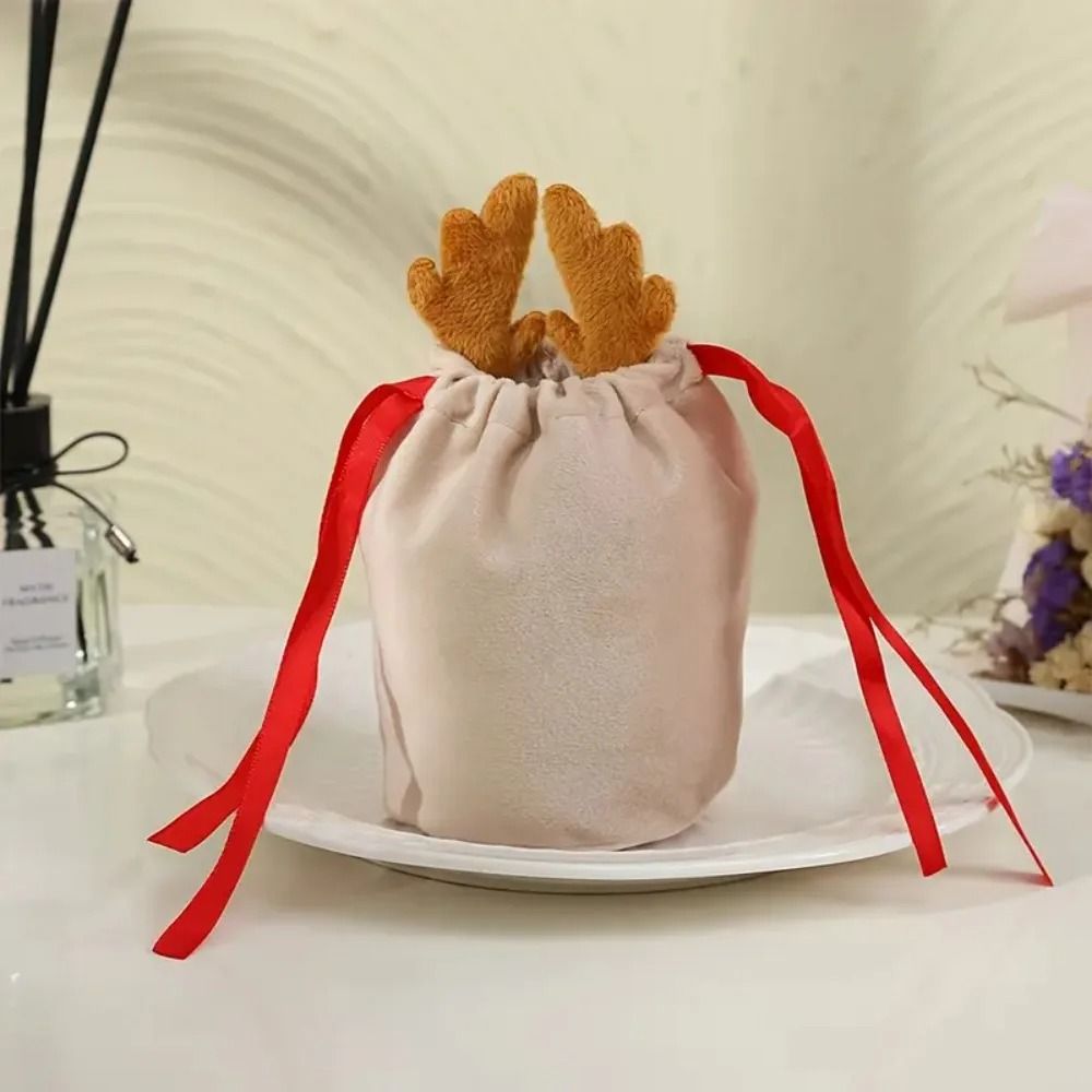 Deer Antler Design Drawstring Gift Bags With Festive Ribbon Bow 1