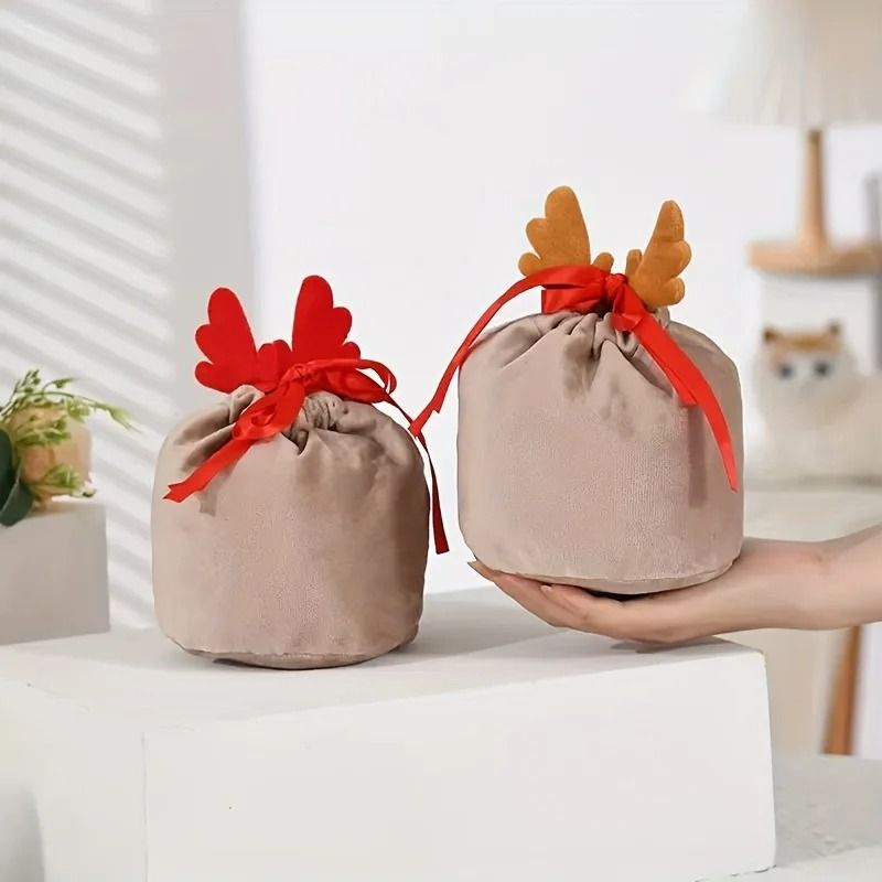 Deer Antler Design Drawstring Gift Bags With Festive Ribbon Bow 4