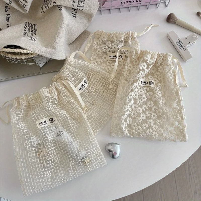 Women White Lace Floral Organizer Bag With Zipper 1