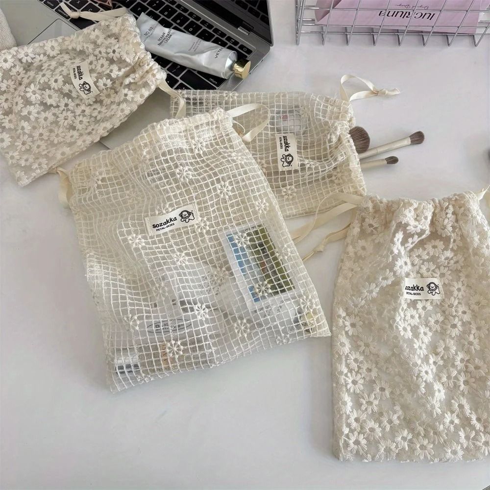 Women White Lace Floral Organizer Bag With Zipper 2