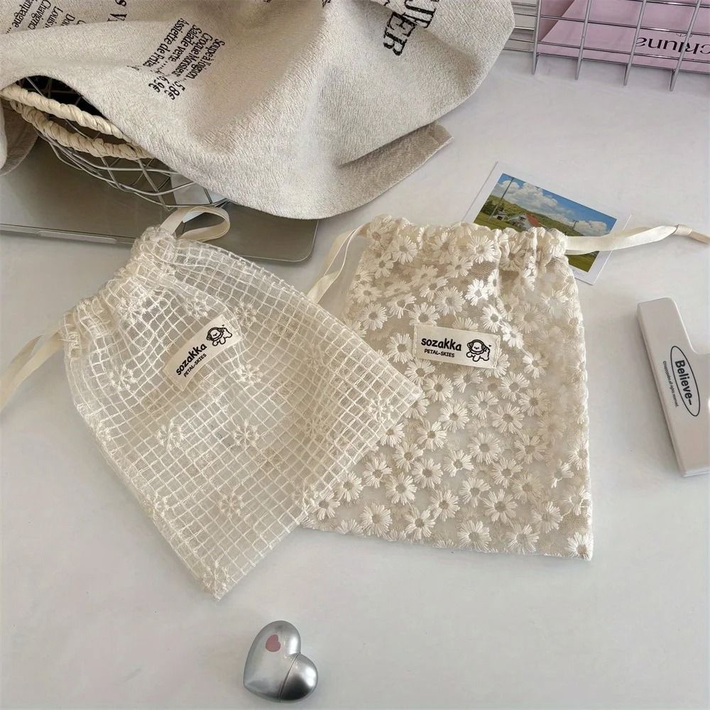 Women White Lace Floral Organizer Bag With Zipper 4