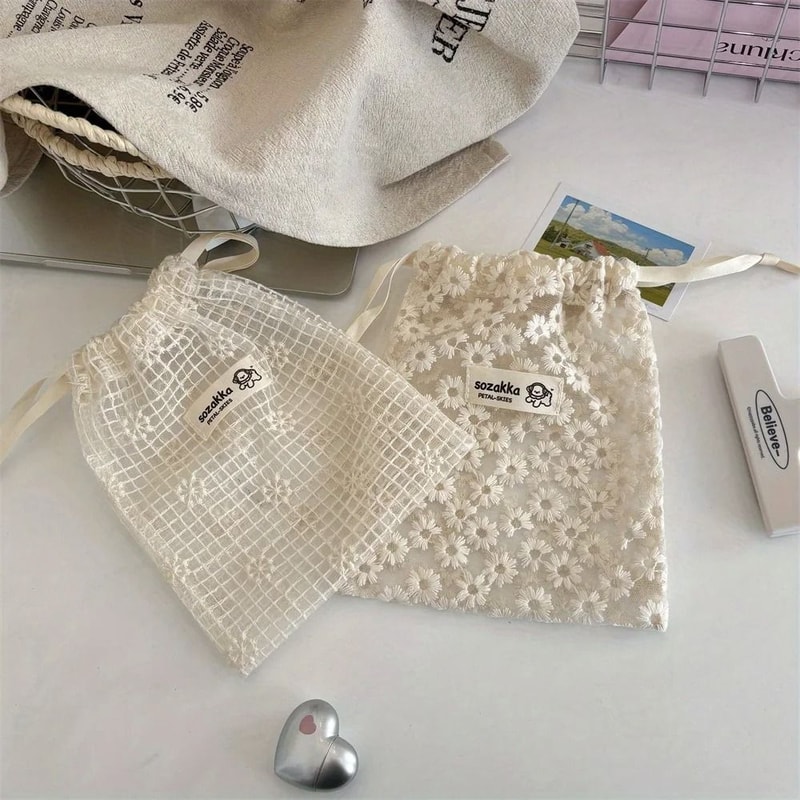 Women White Lace Floral Organizer Bag With Zipper 4